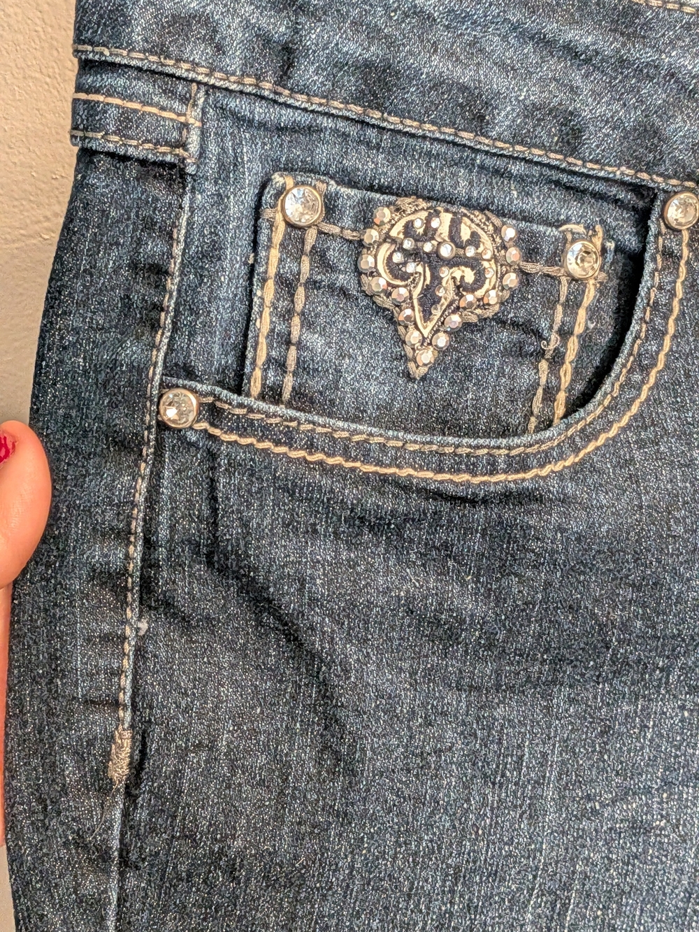 One 5 One Rhinestone Flap Pocket Jeans Size 12 Y2K Western Embellished Dark Wash - Picture 5 of 13